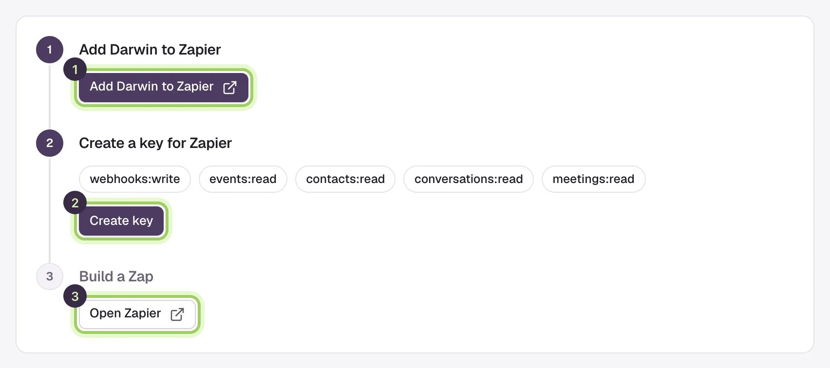 The Zapier steps with Add Darwin to Zapier marked 1, Create key marked 2 and Open Zapier marked 3.