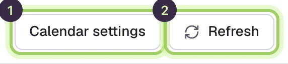 The Calendar settings button marked 1 and the Refresh button marked 2.