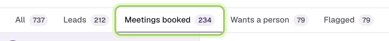 The Conversations filter tabs with Meetings booked highlighted.