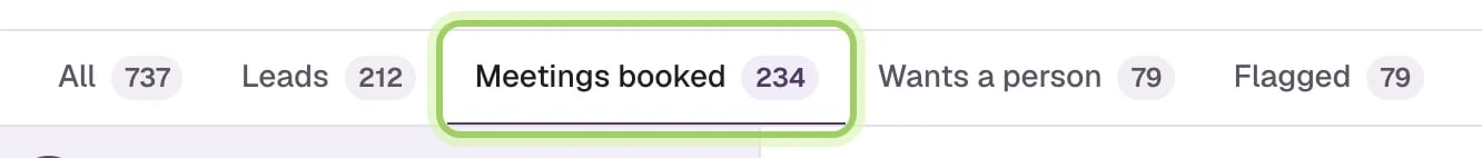 The Conversations filter tabs with Meetings booked highlighted.