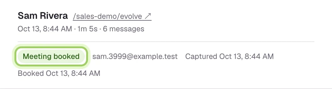 The top of a conversation: Sam Rivera on /sales-demo/evolve, with the Meeting booked badge highlighted, the visitor's email and the booking time.