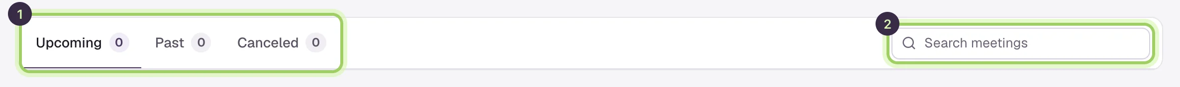 The Upcoming, Past and Canceled tabs marked 1 and the Search meetings box marked 2.
