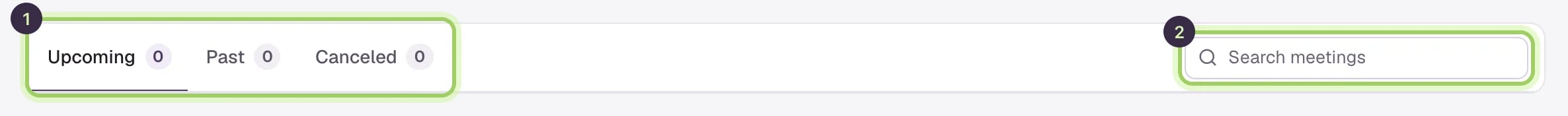 The Upcoming, Past and Canceled tabs marked 1 and the Search meetings box marked 2.