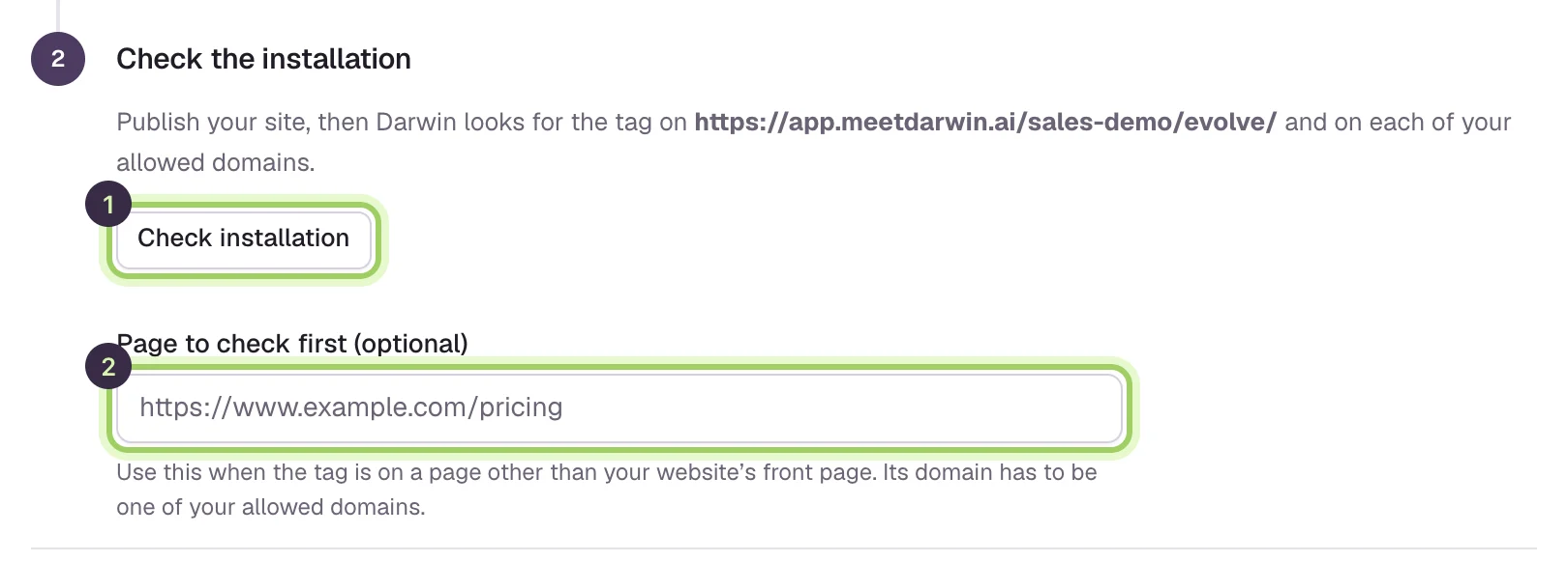 Check the installation, with the Check installation button highlighted and the Page to check first field.