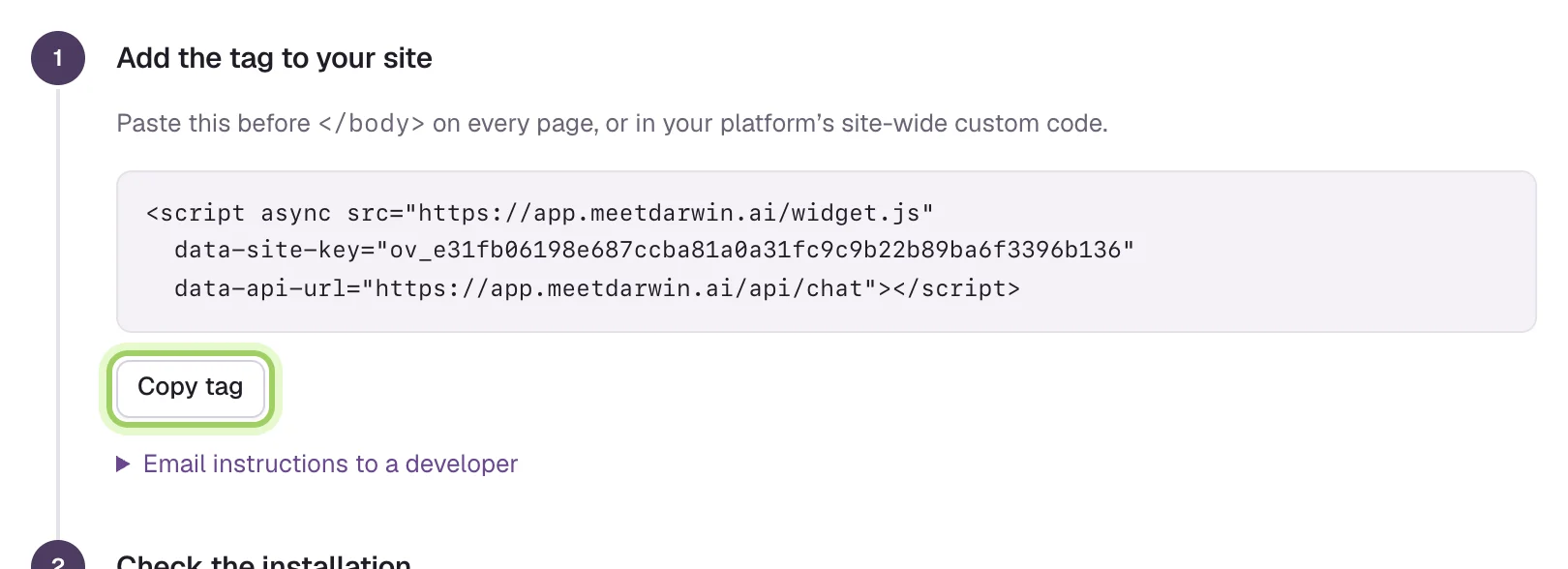 Add the tag to your site: the script tag with your site key, and the Copy tag button highlighted.