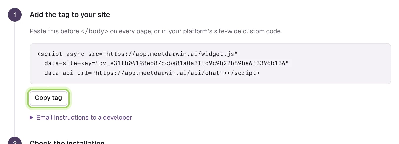 Add the tag to your site: the script tag with your site key, and the Copy tag button highlighted.