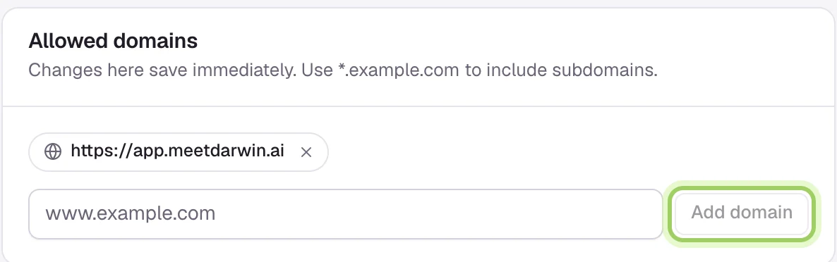 Allowed domains with the www.example.com field and the Add domain button highlighted.