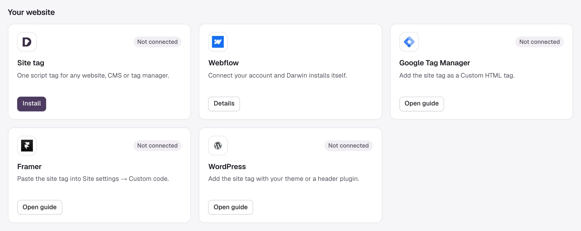 The Your website section of Integrations: Site tag, Webflow, Google Tag Manager, Framer and WordPress cards.