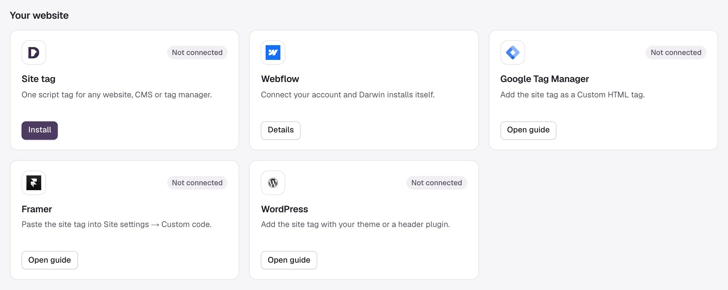 The Your website section of Integrations: Site tag, Webflow, Google Tag Manager, Framer and WordPress cards.
