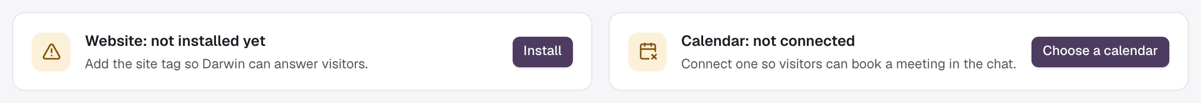 The status cards at the top of Integrations: Website, not installed yet, with Install; Calendar, not connected, with Choose a calendar.