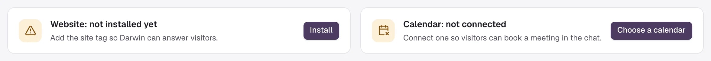 The status cards at the top of Integrations: Website, not installed yet, with Install; Calendar, not connected, with Choose a calendar.