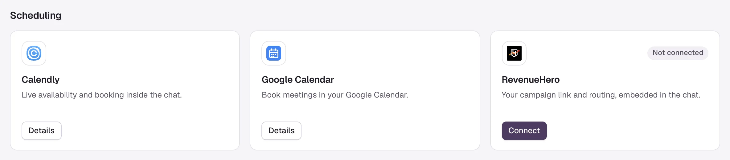 The Scheduling section of Integrations with cards for Calendly, Google Calendar and RevenueHero.