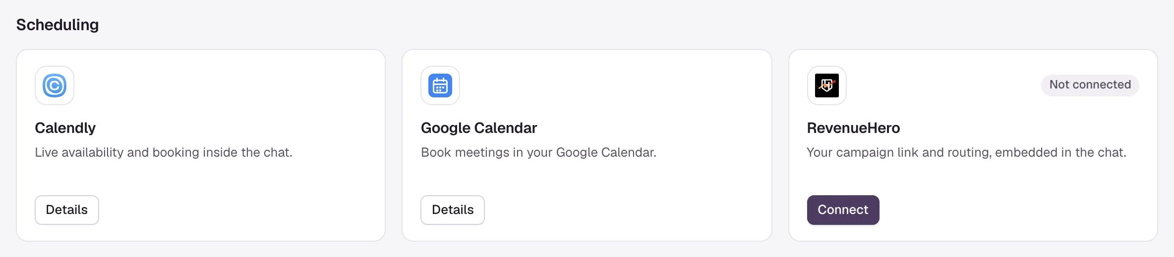 The Scheduling section of Integrations with cards for Calendly, Google Calendar and RevenueHero.