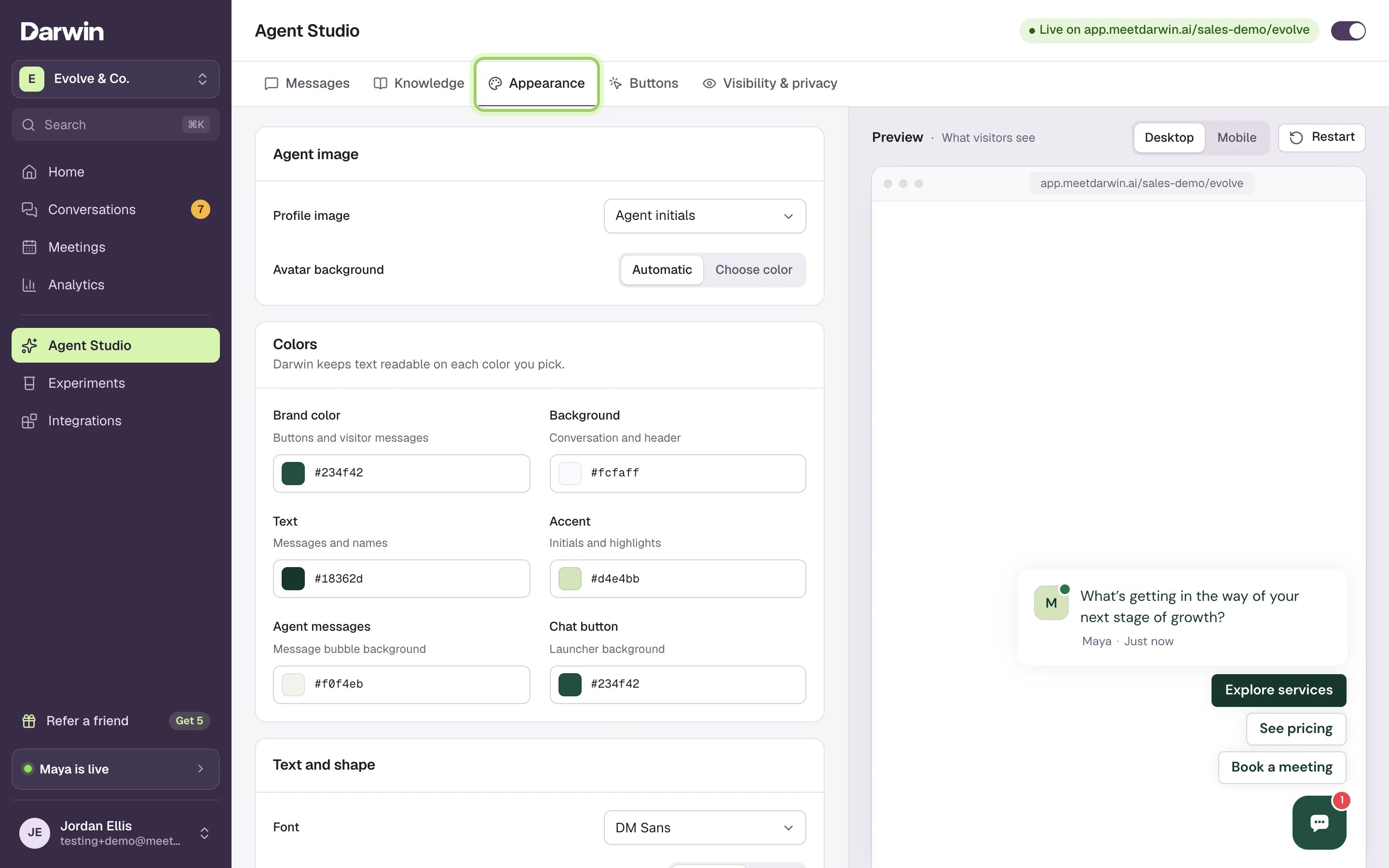 Agent Studio with the Appearance tab selected: colors, type, launcher and the preview.