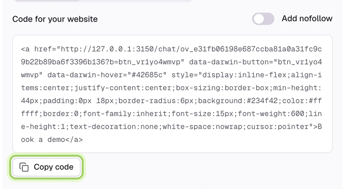 The Code for your website box with the Copy code button highlighted and the Add nofollow switch.