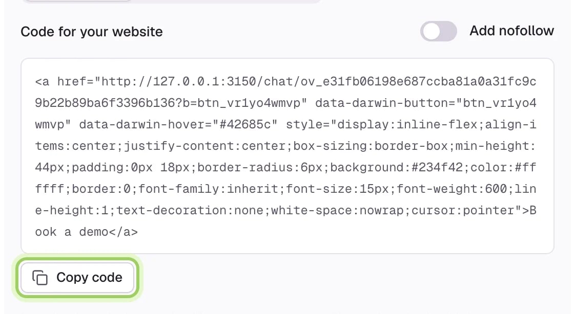 The Code for your website box with the Copy code button highlighted and the Add nofollow switch.