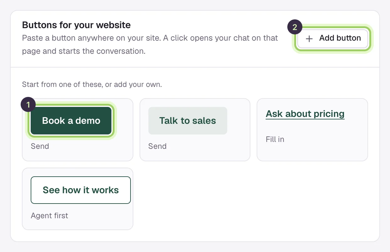 Buttons for your website, with four presets: Book a demo, Talk to sales, Ask about pricing and See how it works. Book a demo is marked 1 and Add button is marked 2.