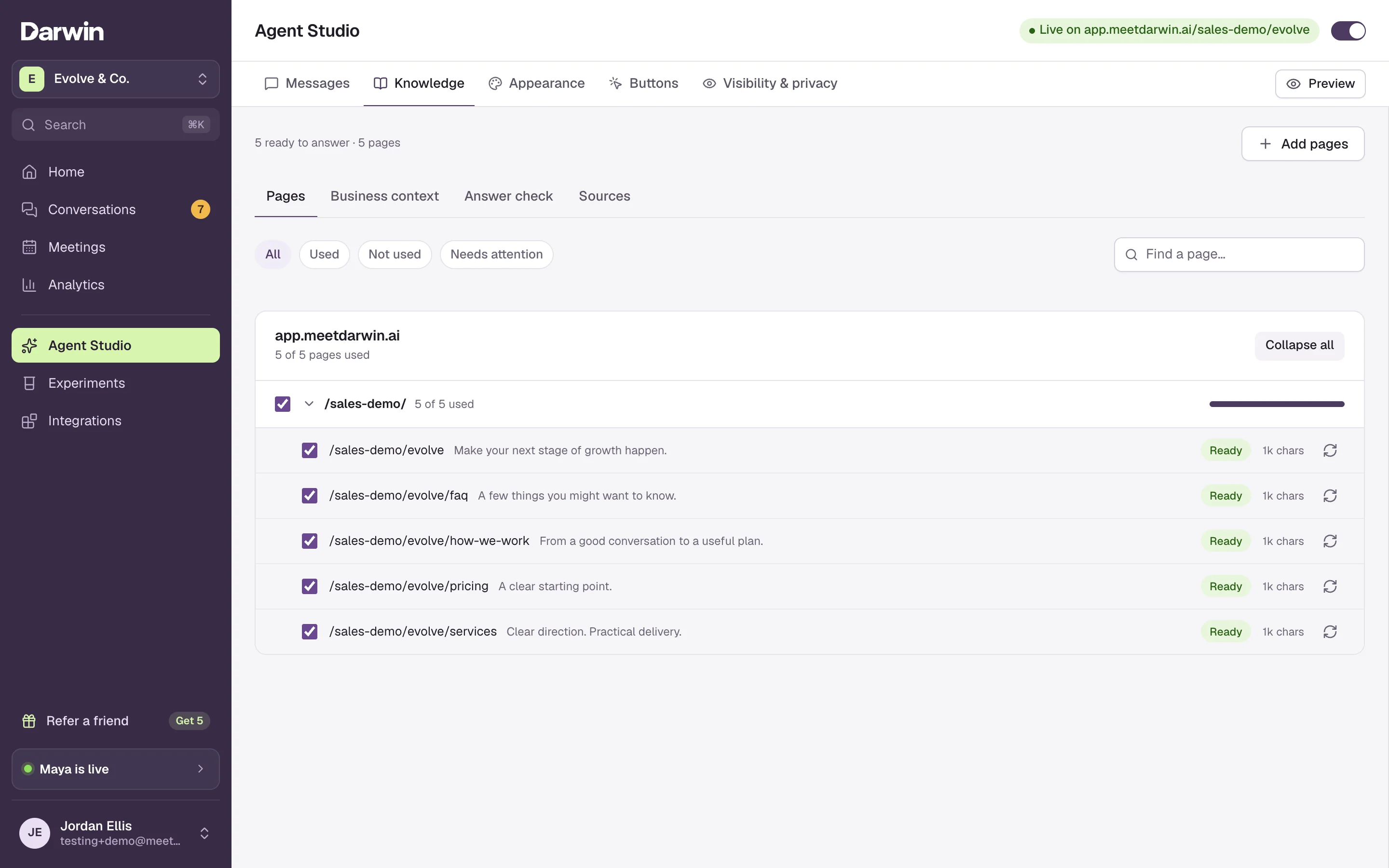 Agent Studio with the Knowledge tab selected: websites, pages and documents your agent answers from.