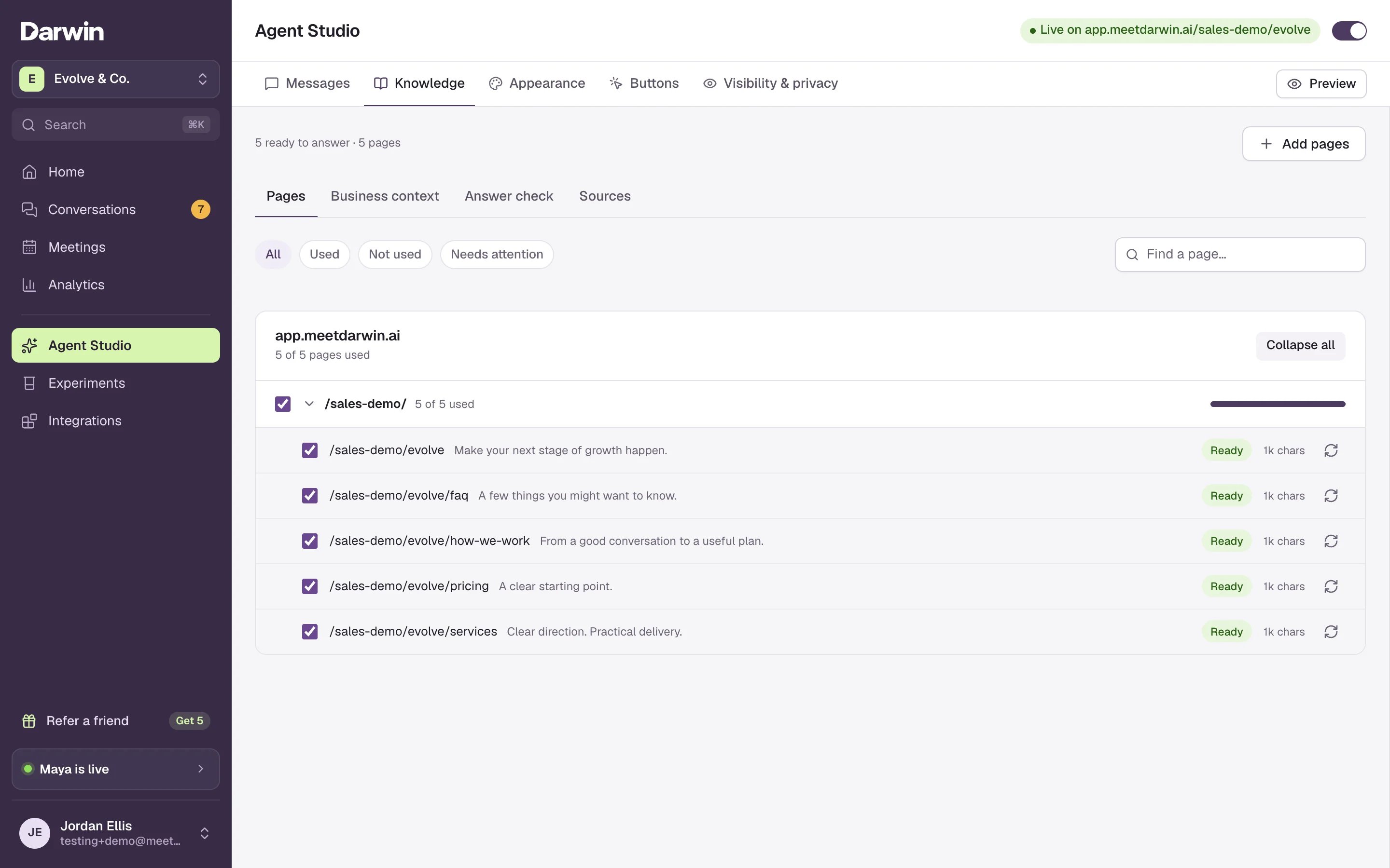 Agent Studio with the Knowledge tab selected: websites, pages and documents your agent answers from.