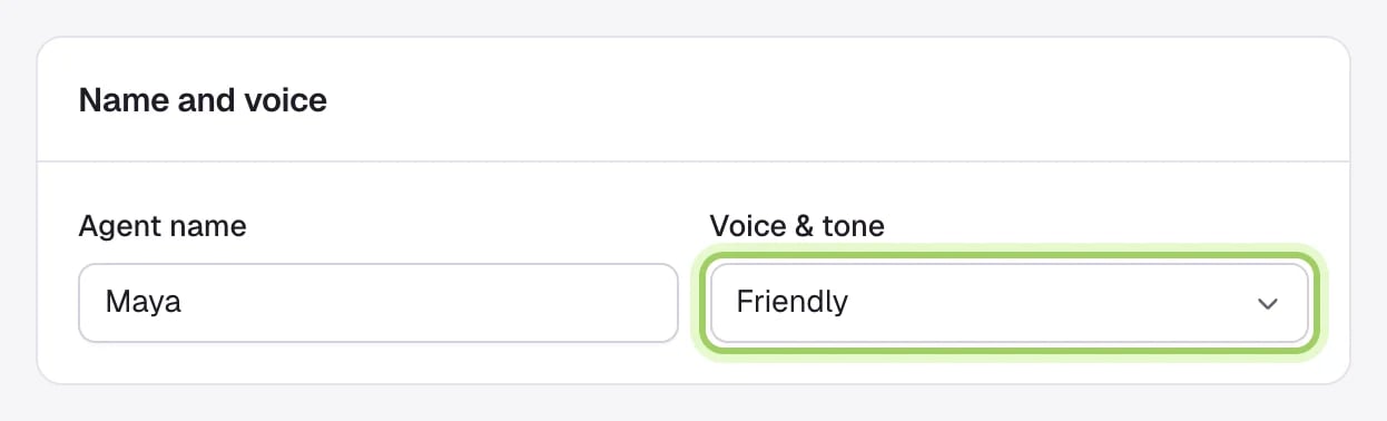 The Name and voice section with Agent name set to Maya and the Voice & tone menu, set to Friendly.
