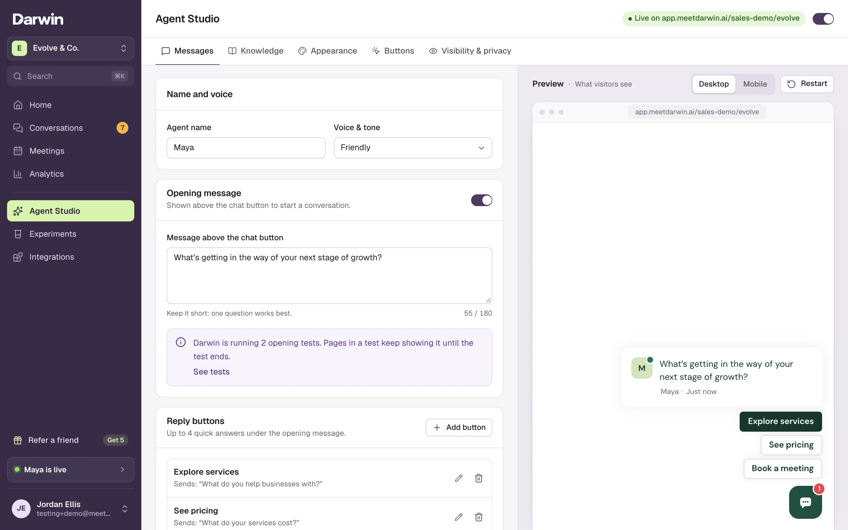 Agent Studio with the Messages tab selected: Name and voice, Opening message and Reply buttons on the left, and the chat preview on the right.