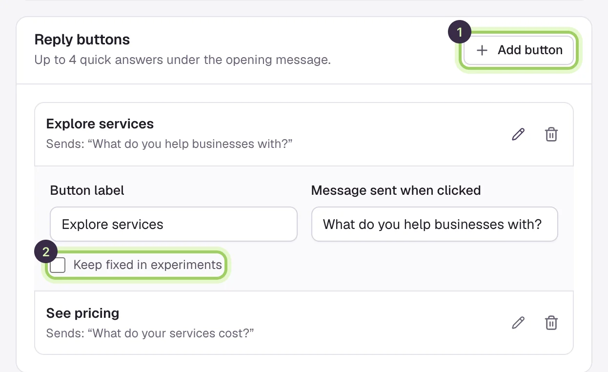 The Reply buttons section with the Add button control and one button open for editing.