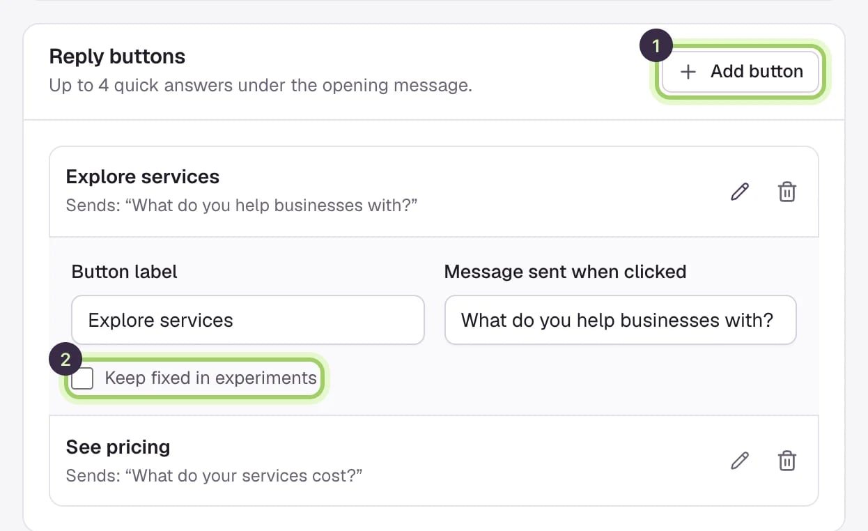 The Reply buttons section with the Add button control and one button open for editing.