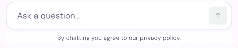 The chat's message box, Ask a question, with the line By chatting you agree to our privacy policy under it.