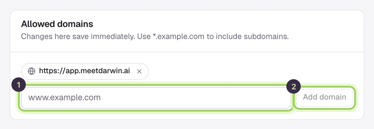 The Allowed domains section with one domain listed, the domain field marked 1 and the Add domain button marked 2.