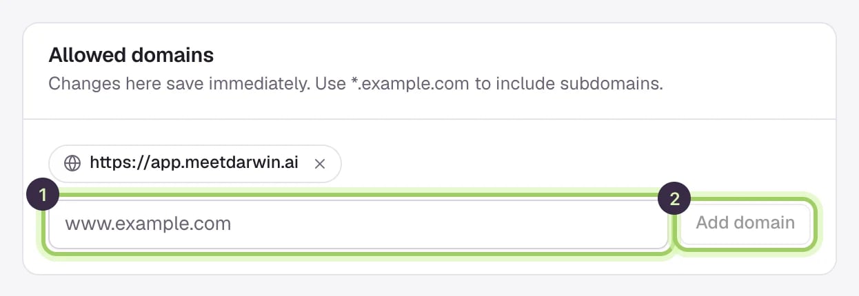 The Allowed domains section with one domain listed, the domain field marked 1 and the Add domain button marked 2.