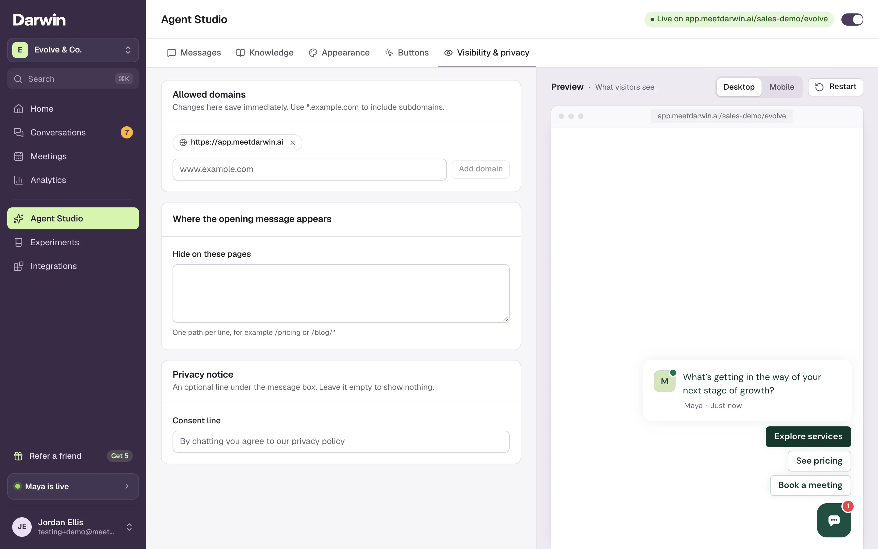 Agent Studio with the Visibility & privacy tab selected: Allowed domains, Where the opening message appears and Privacy notice on the left, the chat preview on the right.
