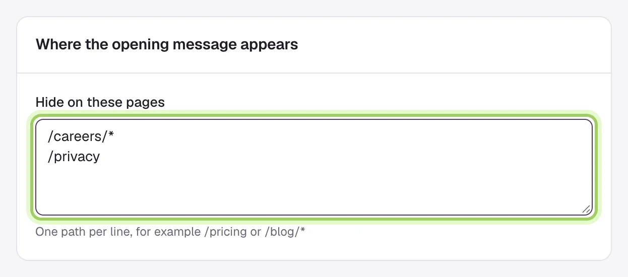 The Hide on these pages box highlighted, holding /careers/* and /privacy on separate lines.