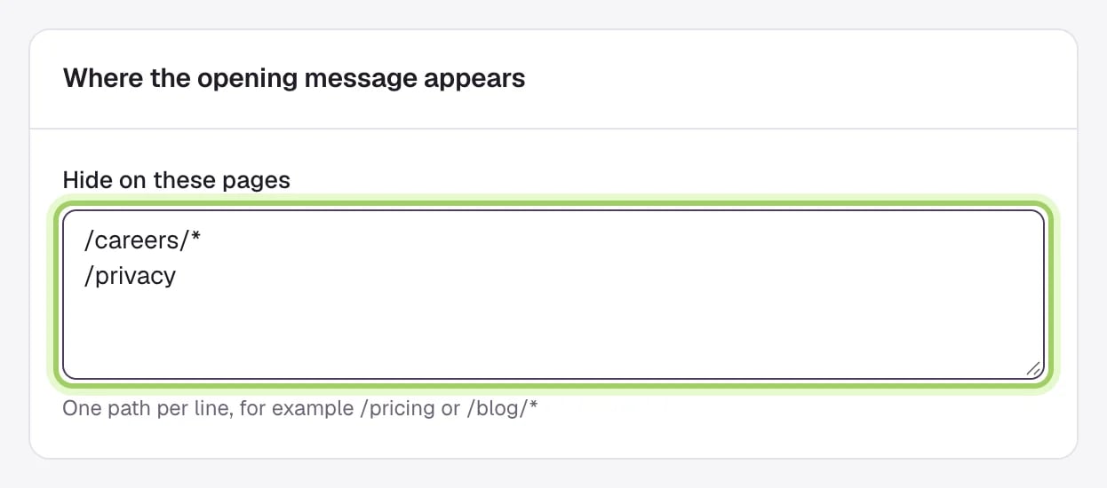 The Hide on these pages box highlighted, holding /careers/* and /privacy on separate lines.