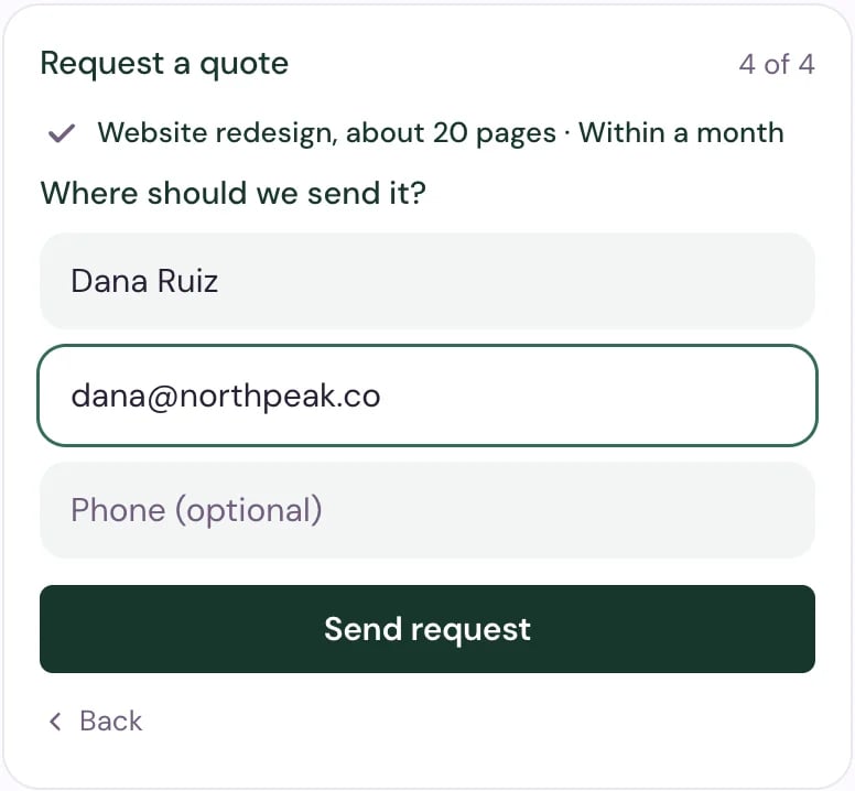 The last step of Request a quote in the chat, 4 of 4: the answers folded into one line, Where should we send it?, with the name Dana Ruiz, the email dana@northpeak.co, an optional phone field, Send request and Back.