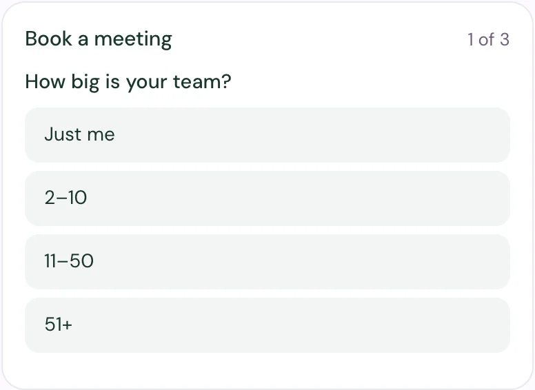 Book a meeting in the chat, step 1 of 3: How big is your team?, with the choices Just me, 2–10, 11–50 and 51+.