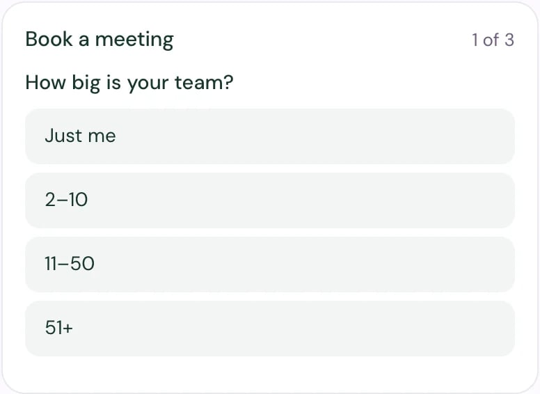 Book a meeting in the chat, step 1 of 3: How big is your team?, with the choices Just me, 2–10, 11–50 and 51+.