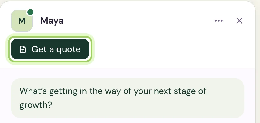 The top of the chat: the agent's name, Maya, with the Get a quote button under it, marked.