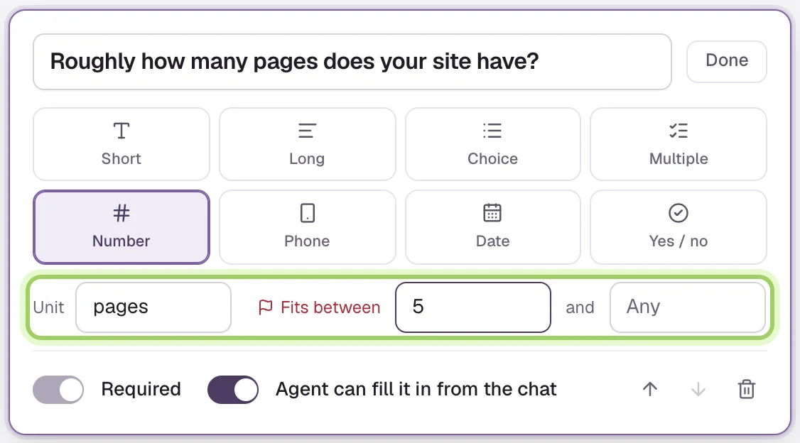 A Number question, Roughly how many pages does your site have?, with the unit pages and Fits between 5 and Any marked; Required is on and locked.