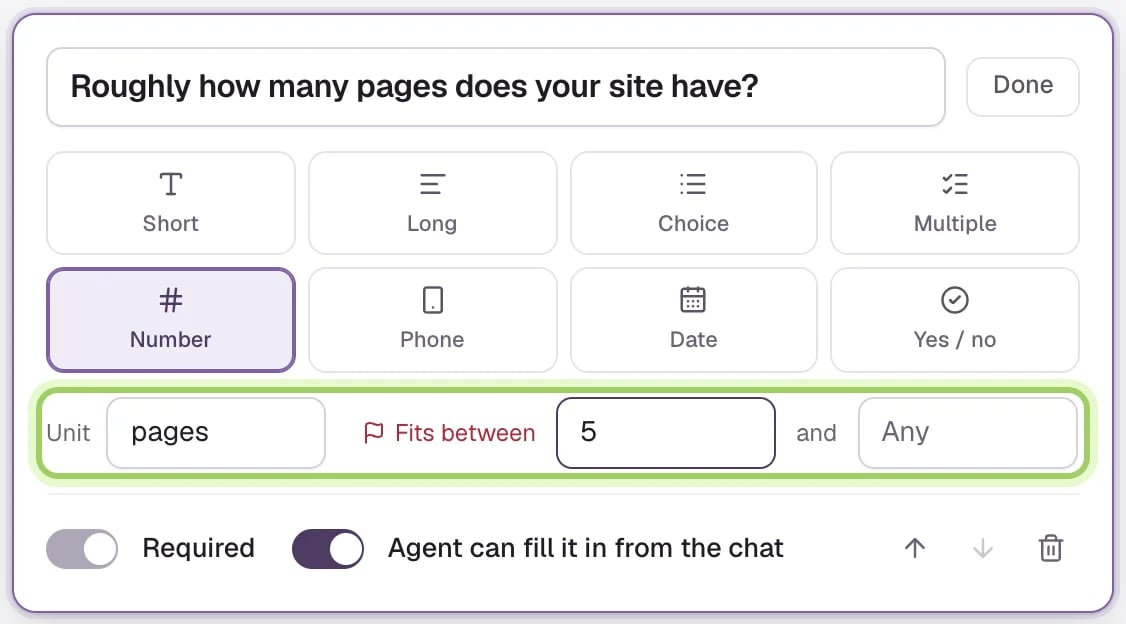 A Number question, Roughly how many pages does your site have?, with the unit pages and Fits between 5 and Any marked; Required is on and locked.