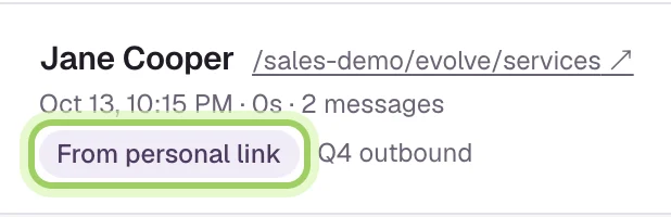 A conversation header for Jane Cooper with the From personal link badge marked and the link name Q4 outbound.
