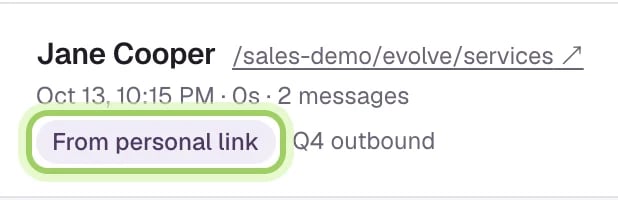 A conversation header for Jane Cooper with the From personal link badge marked and the link name Q4 outbound.