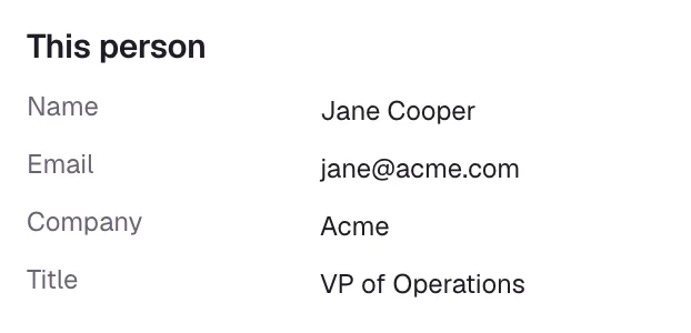 The This person panel: Name Jane Cooper, Email jane@acme.com, Company Acme and Title VP of Operations.