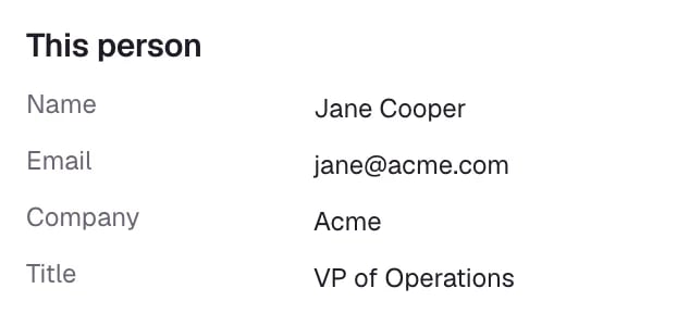 The This person panel: Name Jane Cooper, Email jane@acme.com, Company Acme and Title VP of Operations.