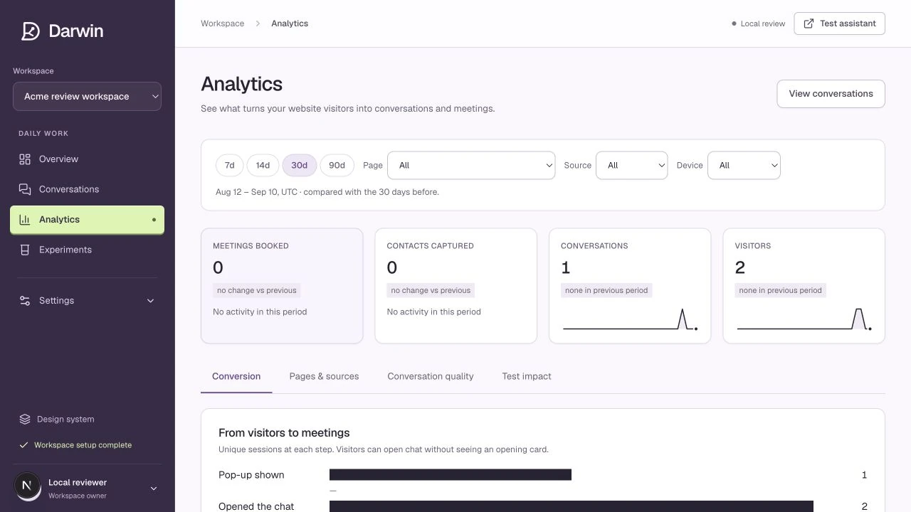 Analytics provides period and segment filters above conversion reporting.