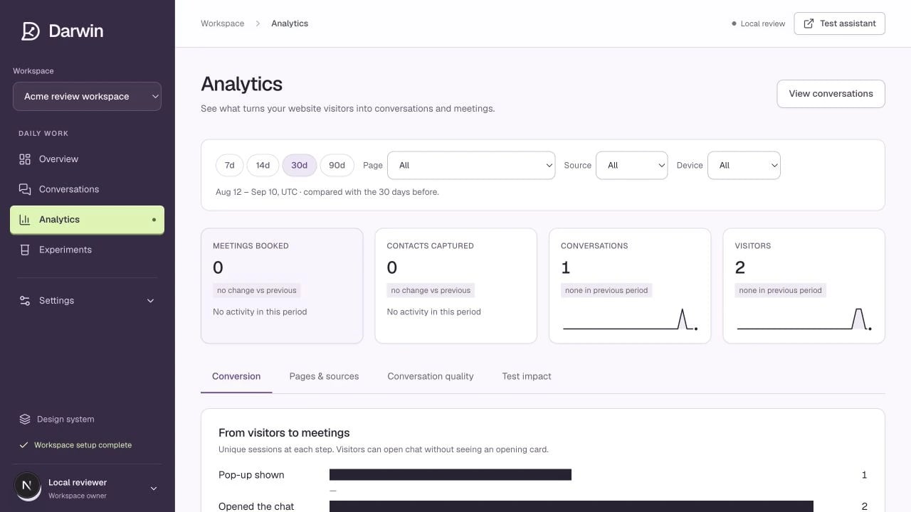 Analytics provides period and segment filters above conversion reporting.