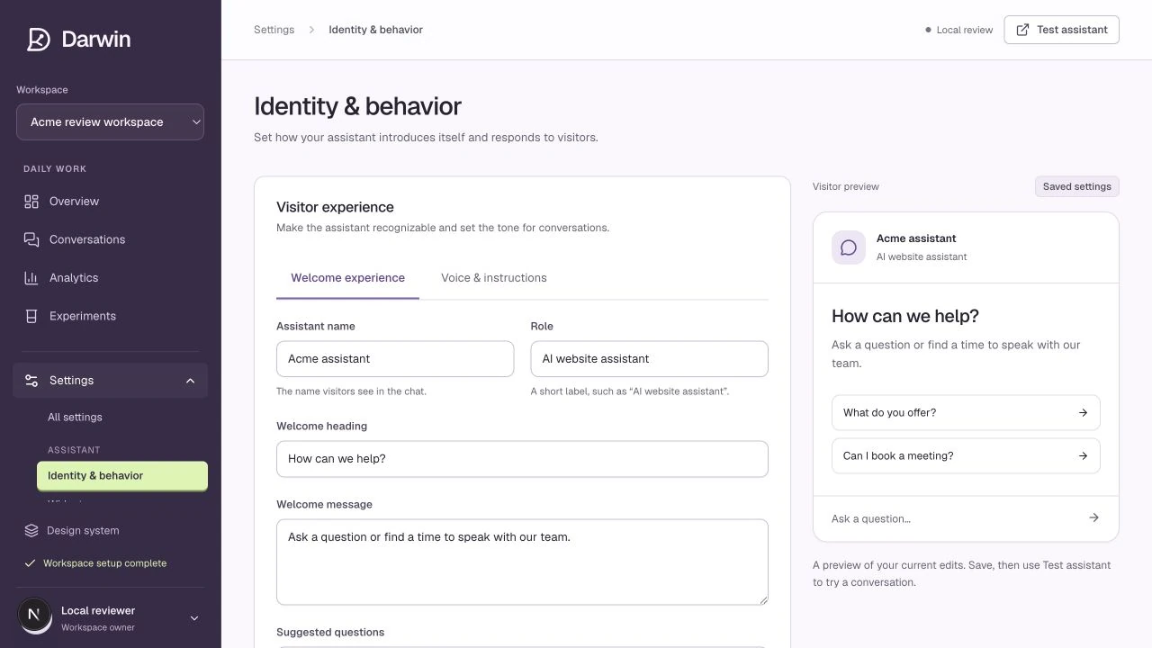 Identity and behavior separates the welcome experience from response instructions.