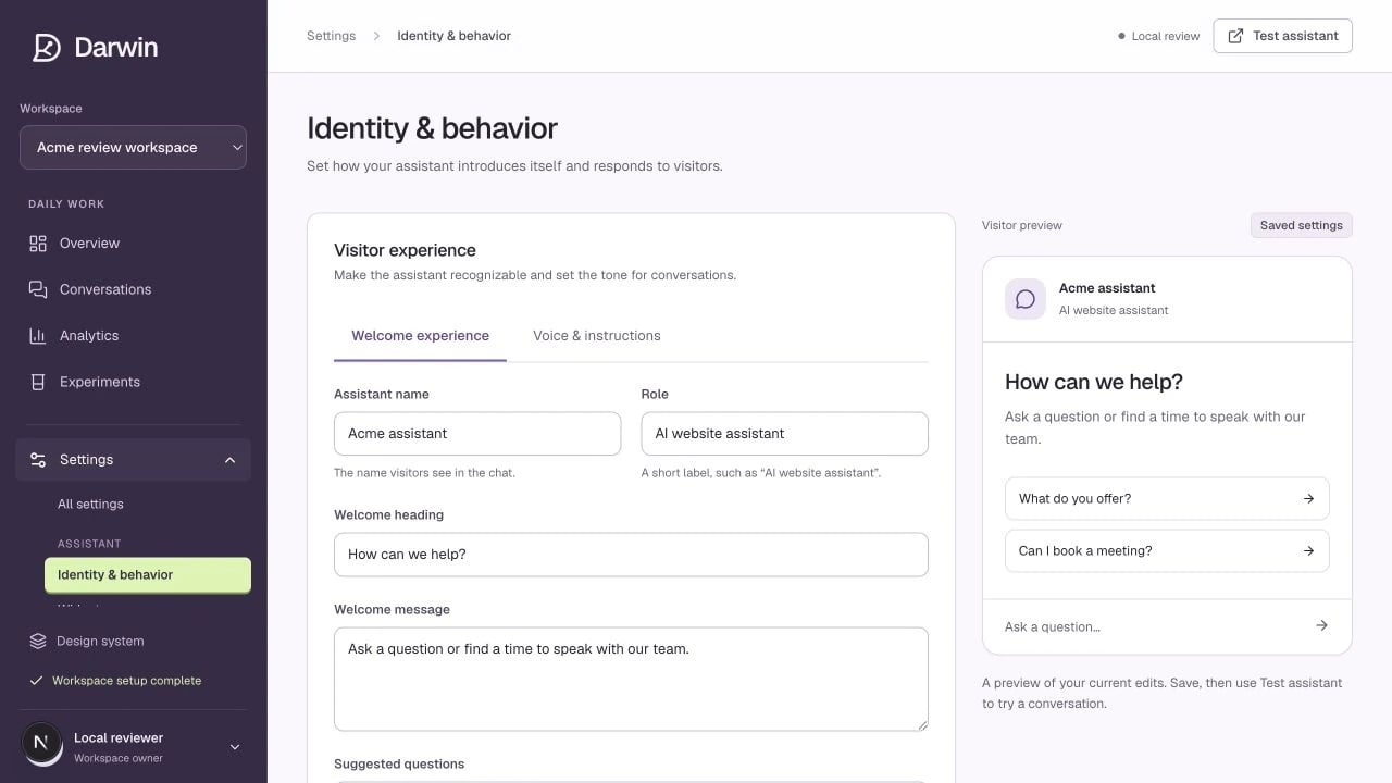 Identity and behavior separates the welcome experience from response instructions.