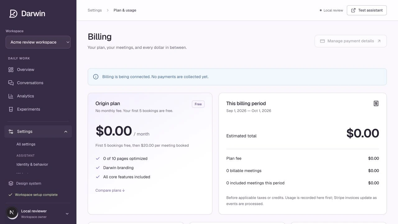 Plan and usage shows the current plan, booking allowance, estimate, and payment controls.