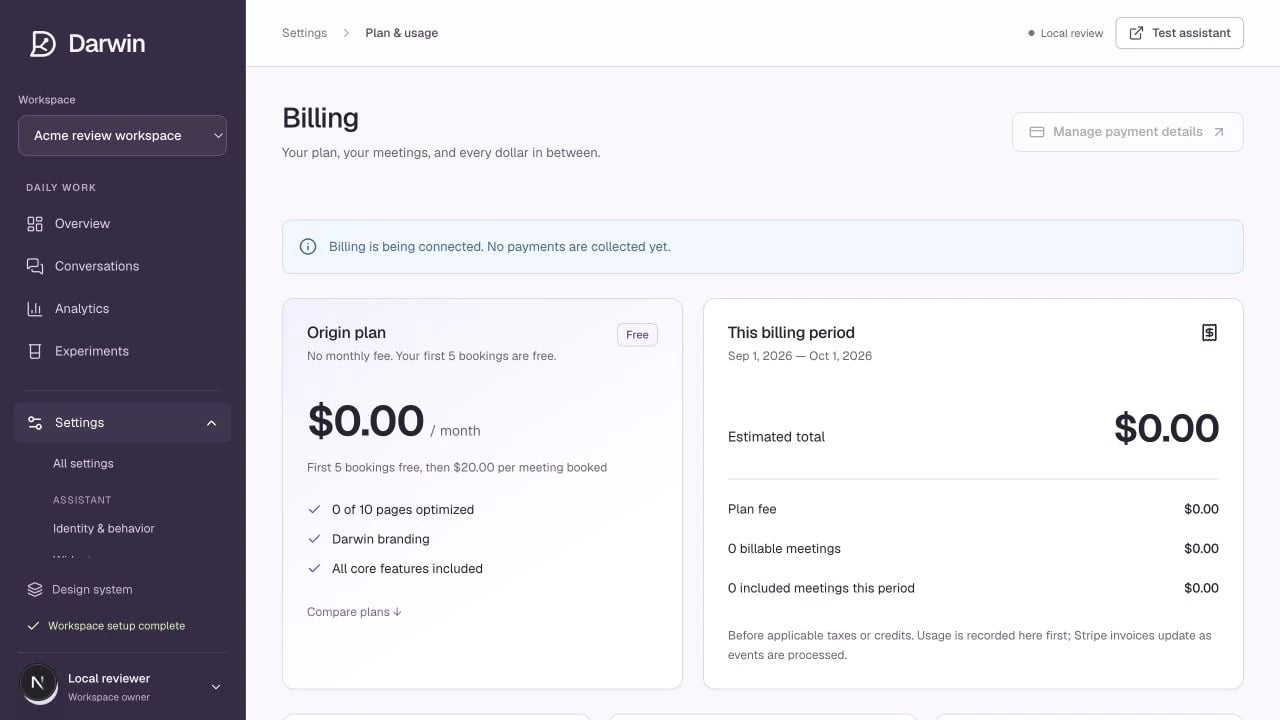 Plan and usage shows the current plan, booking allowance, estimate, and payment controls.