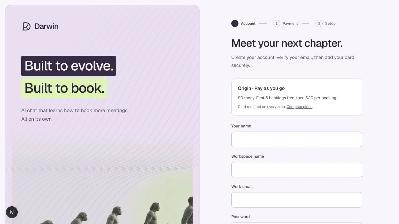 The Darwin account flow keeps your selected plan visible during signup.
